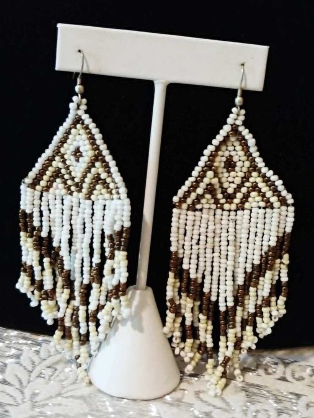 Vintage Woven Seed Bead Tribal Southwestern Style Fringe Pierced Earrings